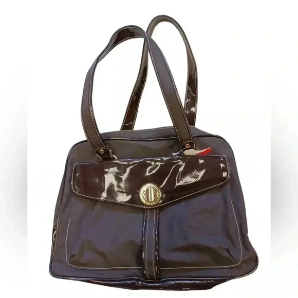 Isaac Mizrahi Brown Patent Leather Shoulder Bag  Purse - Picture 1 of 12